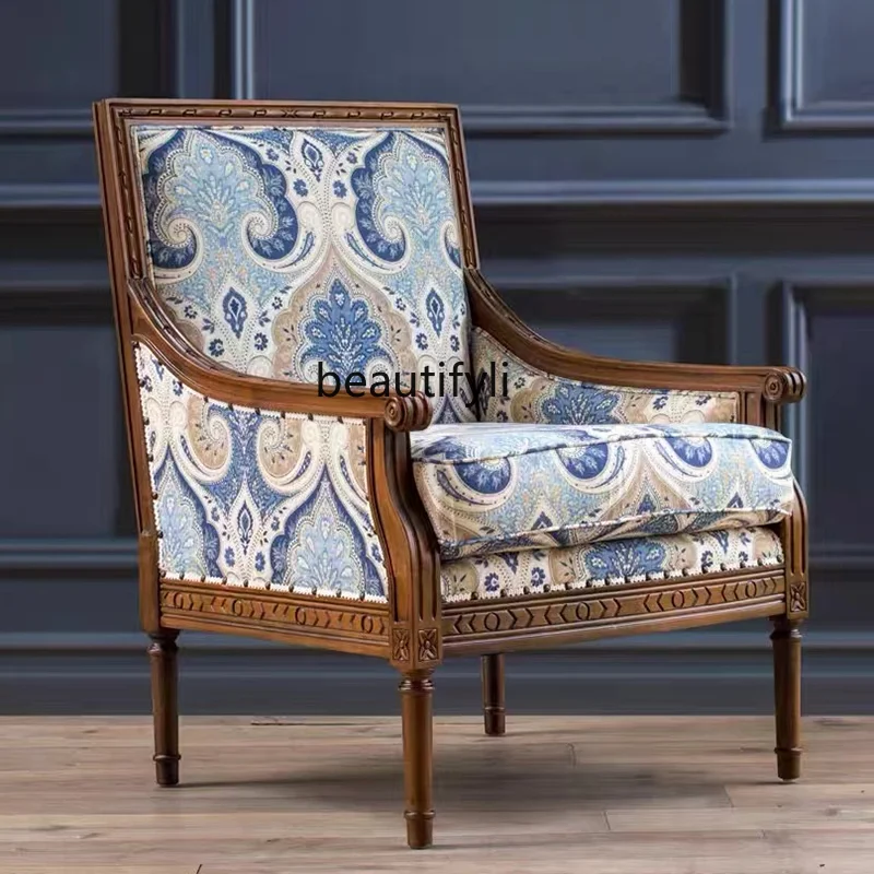 American Solid Wood Living Room Single-Seat Sofa Chair French Fabric Leisure Sofa Vintage Engraving Tiger