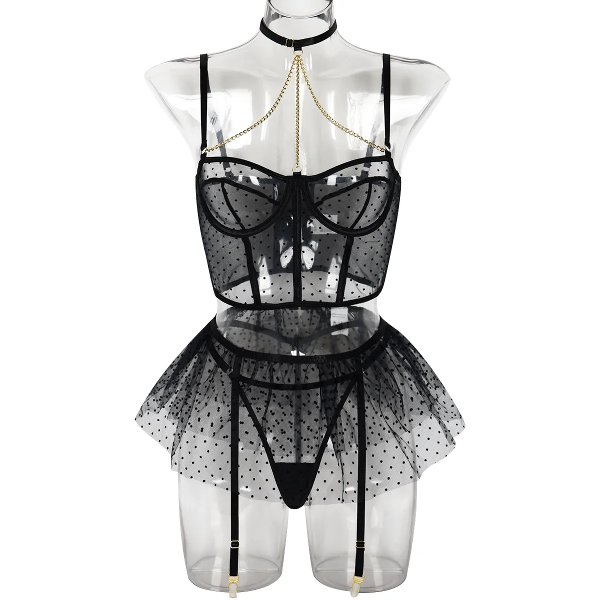 Polka Dot Sexy Underwear Three-piece Set Close-fitting Sexy Chain With Steel Ring Perspective Women's Underwear