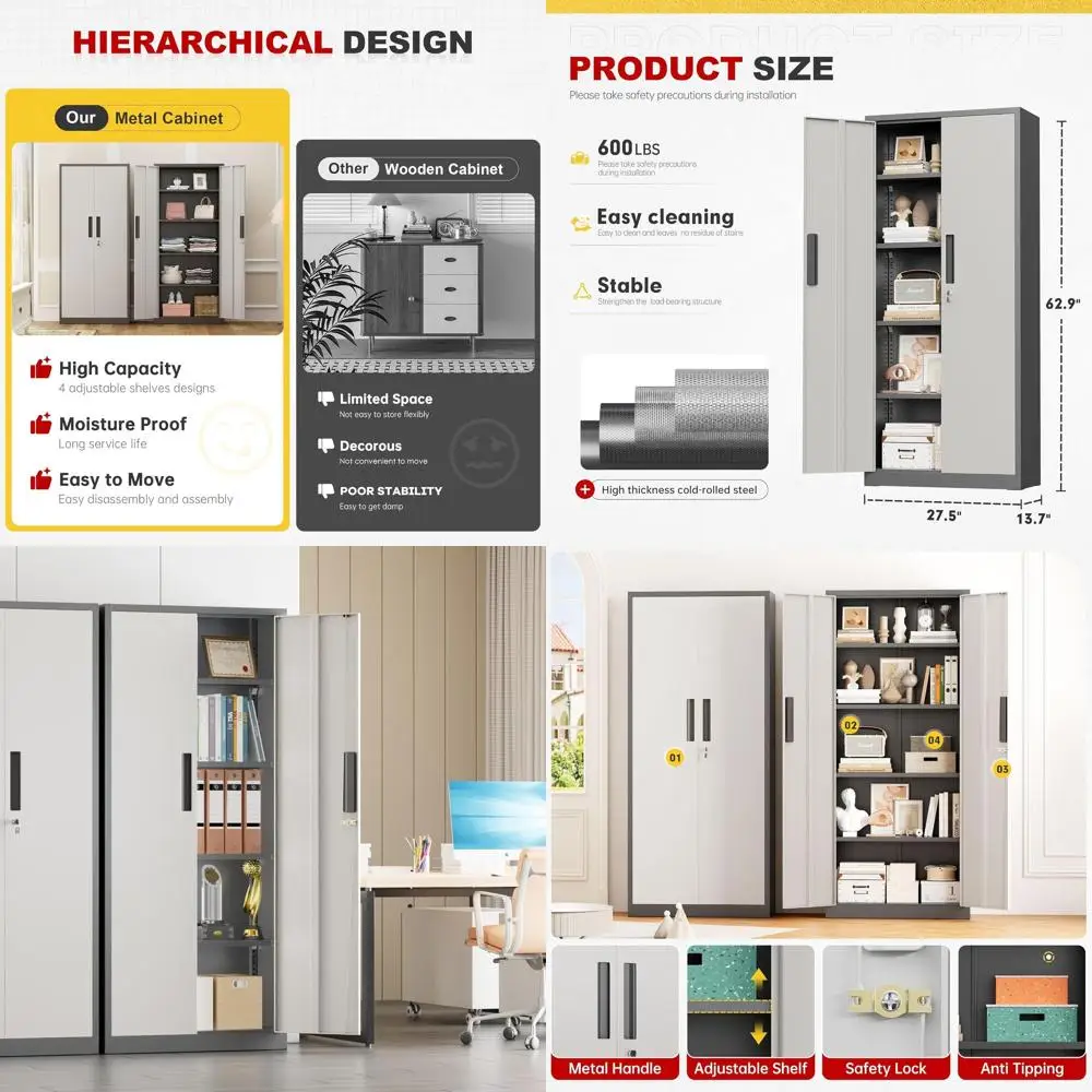 

Tall White Grey Steel Storage Cabinet with 2 Lockable Doors and 4 Adjustable Shelves for Various Uses