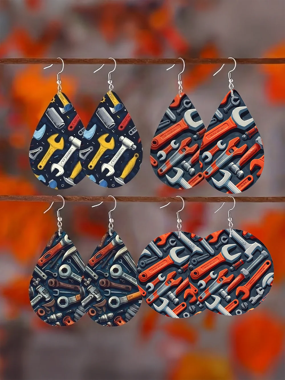 4 Pairs/Set, Women's Fashion Pendant Earring Set, Unique Exaggerated Punk Retro Style Wrench Tool Print Wooden Earrings, Suitable for Daily Wear, Parties, Gift-Giving, Holidays and Any Occasion