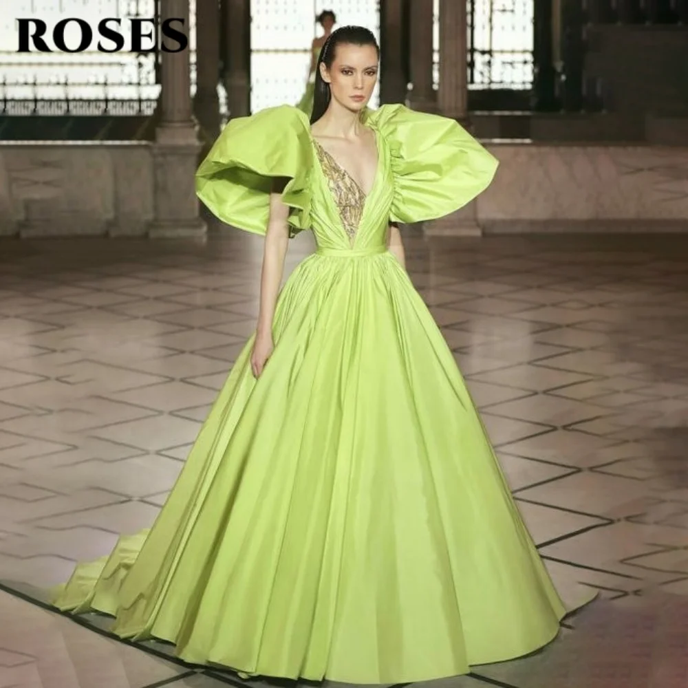 

ROSES Light Green Deep V-Neck Prom Dress Rhinestones Puff Sleeve Party Dress Satin A-Line Chic Woman Evening Dresses Customized