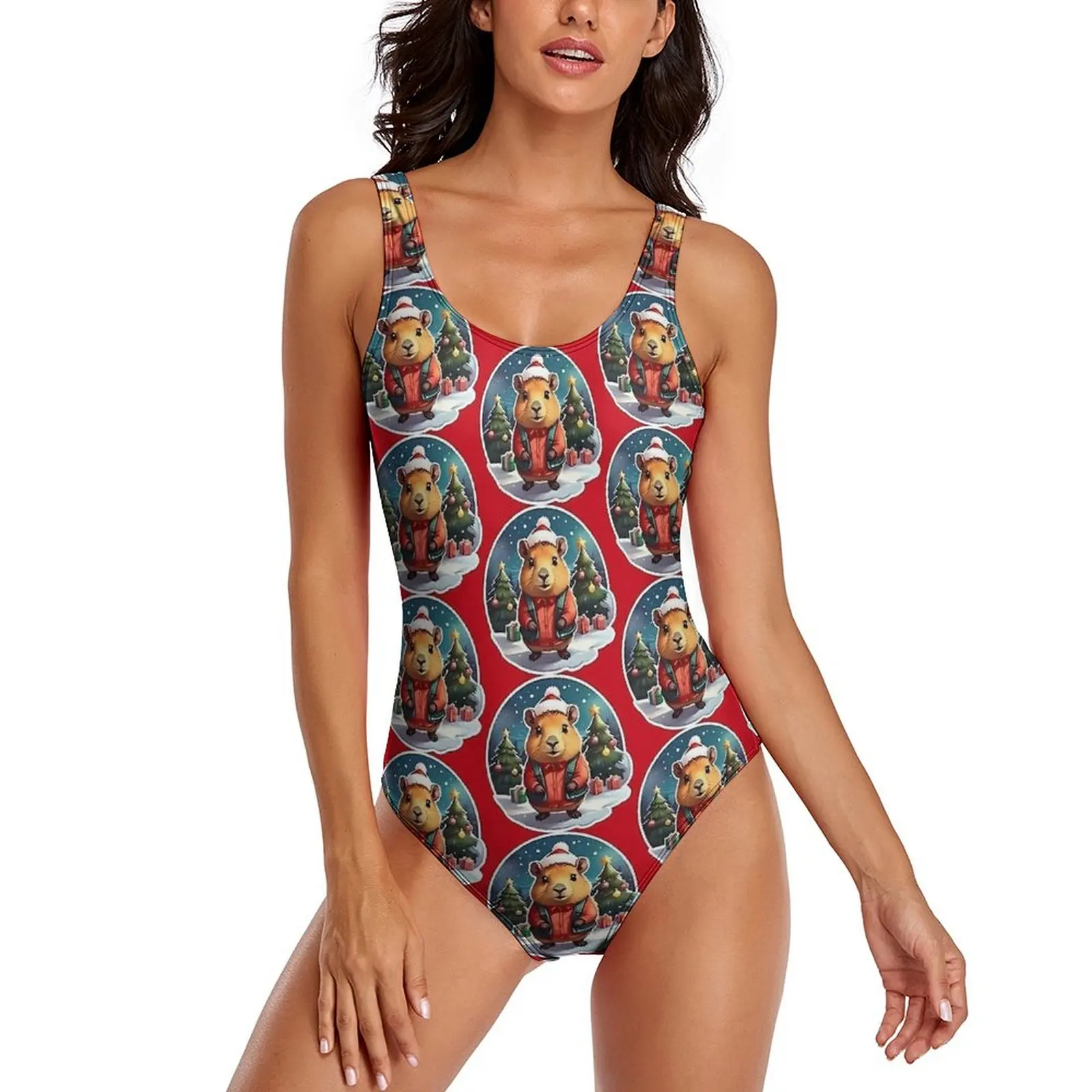 

Capybara Christmas Swimsuit Sexy Funny Animals One Piece Swimwear Push Up Swimsuits Retro Holiday Pool Beach Wear