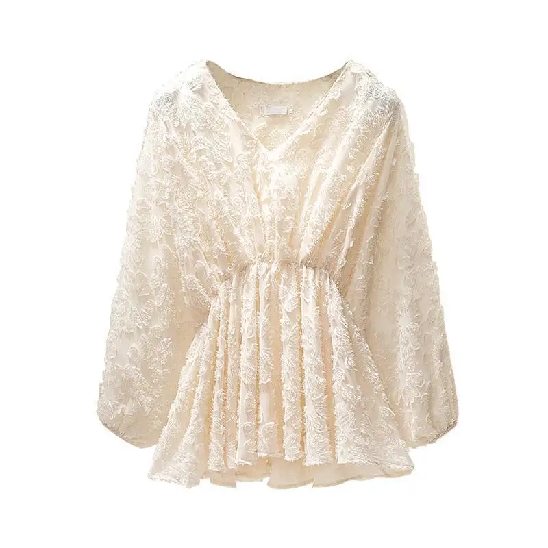 

Fashion V-Neck Shirring Tassel Lantern Sleeve Blouses Female Clothing Spring Autumn New Loose Korean Tops Sweet Shirts