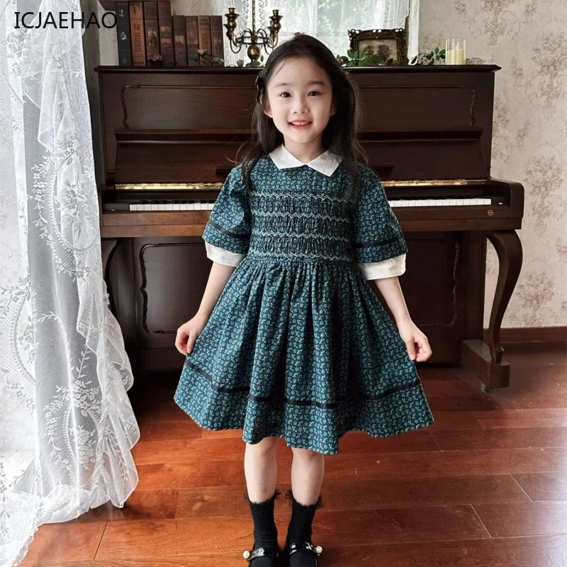 ICJAEHAO 2025 Kids Children Autumn Costume Vintage Blue and Green Floral Handmade Embroidery Girls Middle Sleeve One-Piece Dress