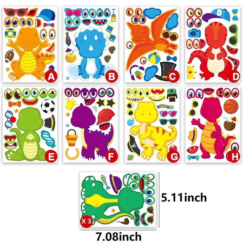 Creative Make a Dinosaur Stickers Sheets Kids DIY Toys Children Puzzle Games Make A Face Sticker Dino Theme Birthday Party Favor