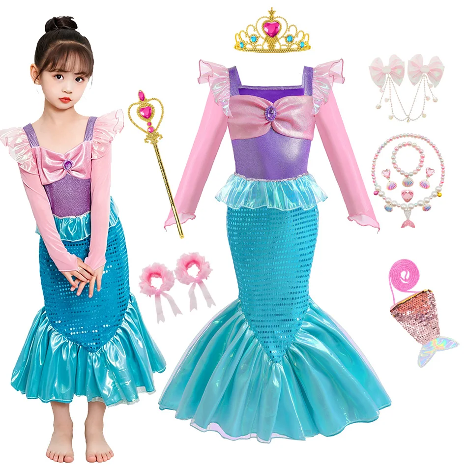 Mermaid Princess Dress for Girls Long Sleeve Sequins Mermaid Tail Costume Kids Halloween Carnival Birthday Party Fancy Dress Up