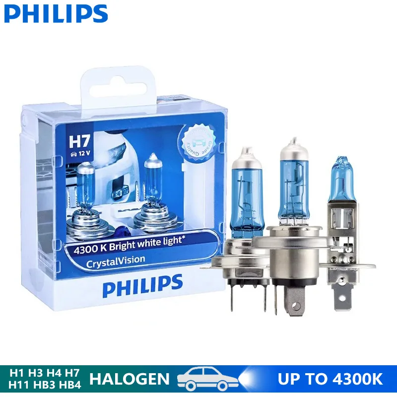Philips H1 H4 H7 H11 CrystalVision HB3 HB4 9005 9006 Car Halogen Headlight Fog Light 12V 4300K Xenon White Bulb +2x T10 W5W