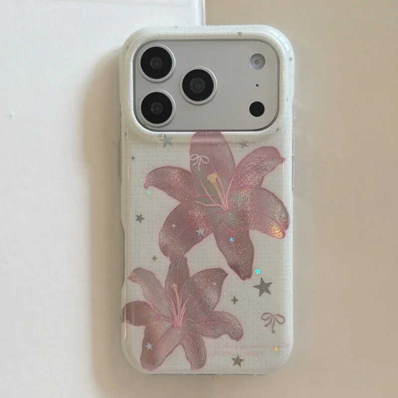 Sweet Pink Glitter Lily & Star Print Phone Case for iPhone 17, 16, 15, 14, 13, Pro, Promax, Clear Shockproof Protective Cover