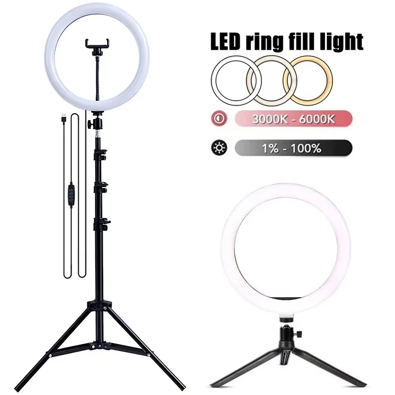 Anillo de luz LED para Selfie, luz de relleno para fotografía LED regulable con trípode, Control remoto por Bluetooth para grabación de vídeo en vivo con teléfono