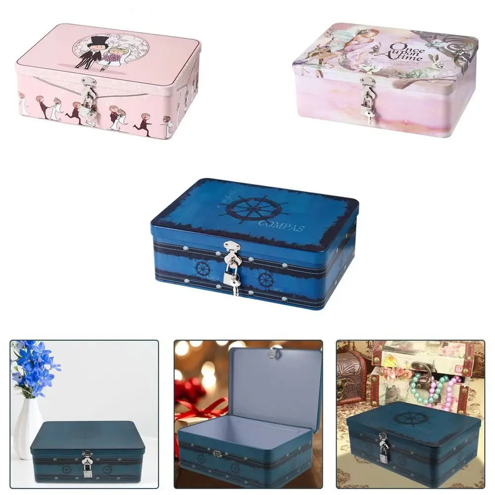 Large Capacity Tinplate Box with Lock Key Desktop Storage Case Metal Box Jewelry Storage Empty Box Sundries Storage Container