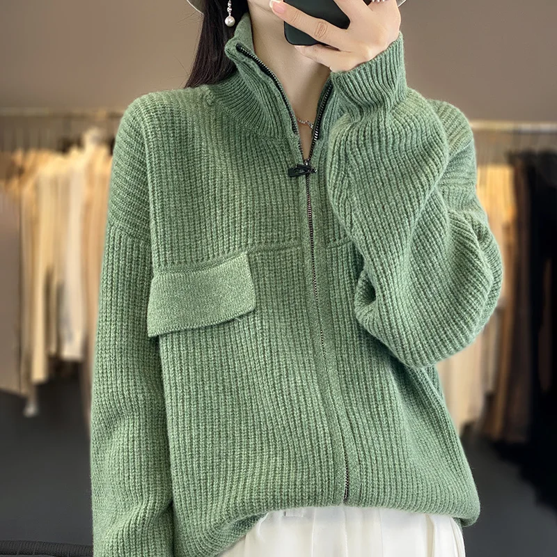 DjzDsm Autumn And Winter New 100% Cashmere Cardigan Thickened Double Zipper Design Knit Sweater Soft Warm Solid Color  Coat