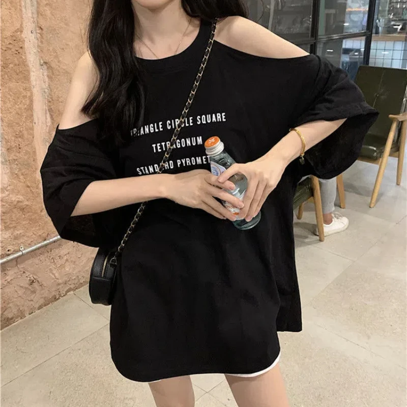 Harajuku Loose Off Shoulder T Shirts Summer New Short Sleeve Letter Printing Hollow Out Casual Tops Fashion Y2K Women Clothing