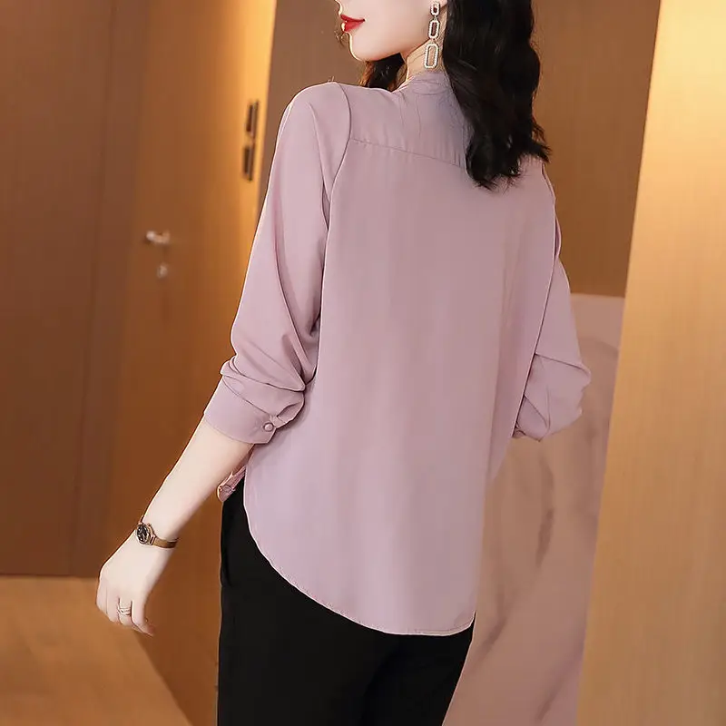 Vintage Elegant V-Neck Shirt Stylish Button Female Solid Color All-match Spring Autumn New Asymmetrical Loose Long Sleeve Blouse