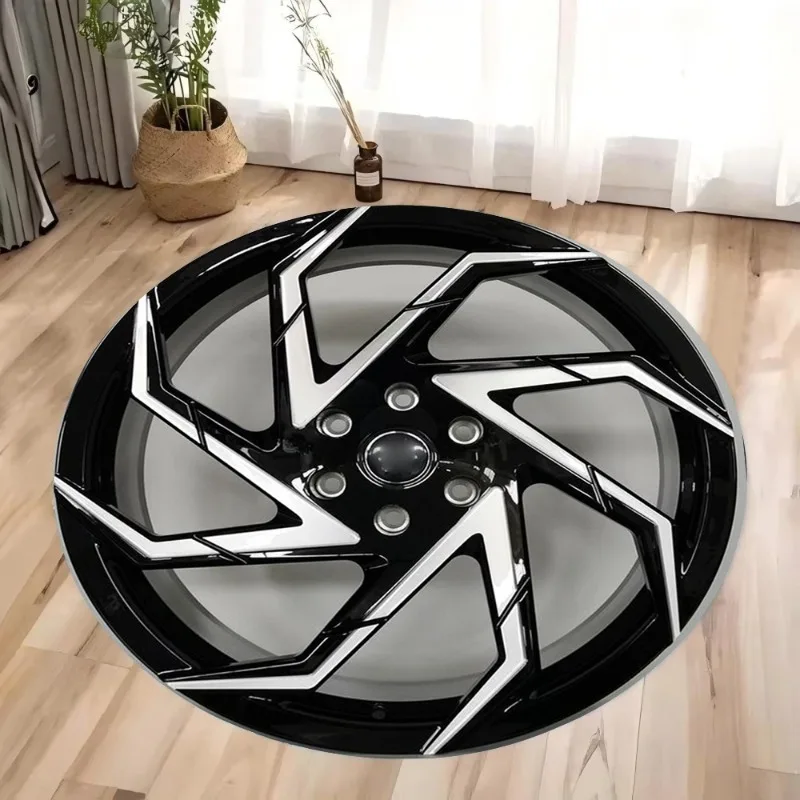 Car Wheel Rim Design Carpet Mat Anti-Slip Backing Rug Metallic Silver Blue Accent for Modern Home Decoration Industrial 3D Rim