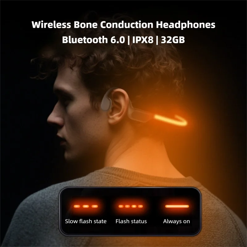 

Wireless Bone Conduction Headphones Night Led Light 32GB Long-lasting Sports Earphones IPX8 Waterproof for Running