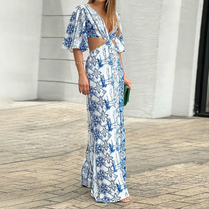 Wildpinky Nieuwe Zomer Boho V-hals Half Sleeve Hoge Jumpsuit 2023 Vrouwen Hollow Out Print Jumpsuit Chic Streetwear Wijde Pijpen Romper