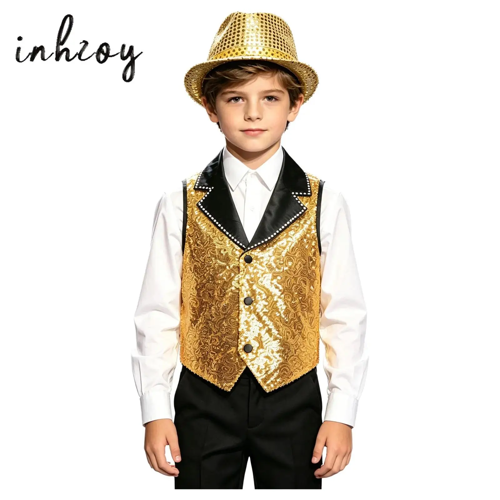 

Kids Boys Girls Sequin Tassels Metallic Vest with Hats Fringe Sleeves Waistcoat Outerwear Disco Jazz Dance Performance Costume