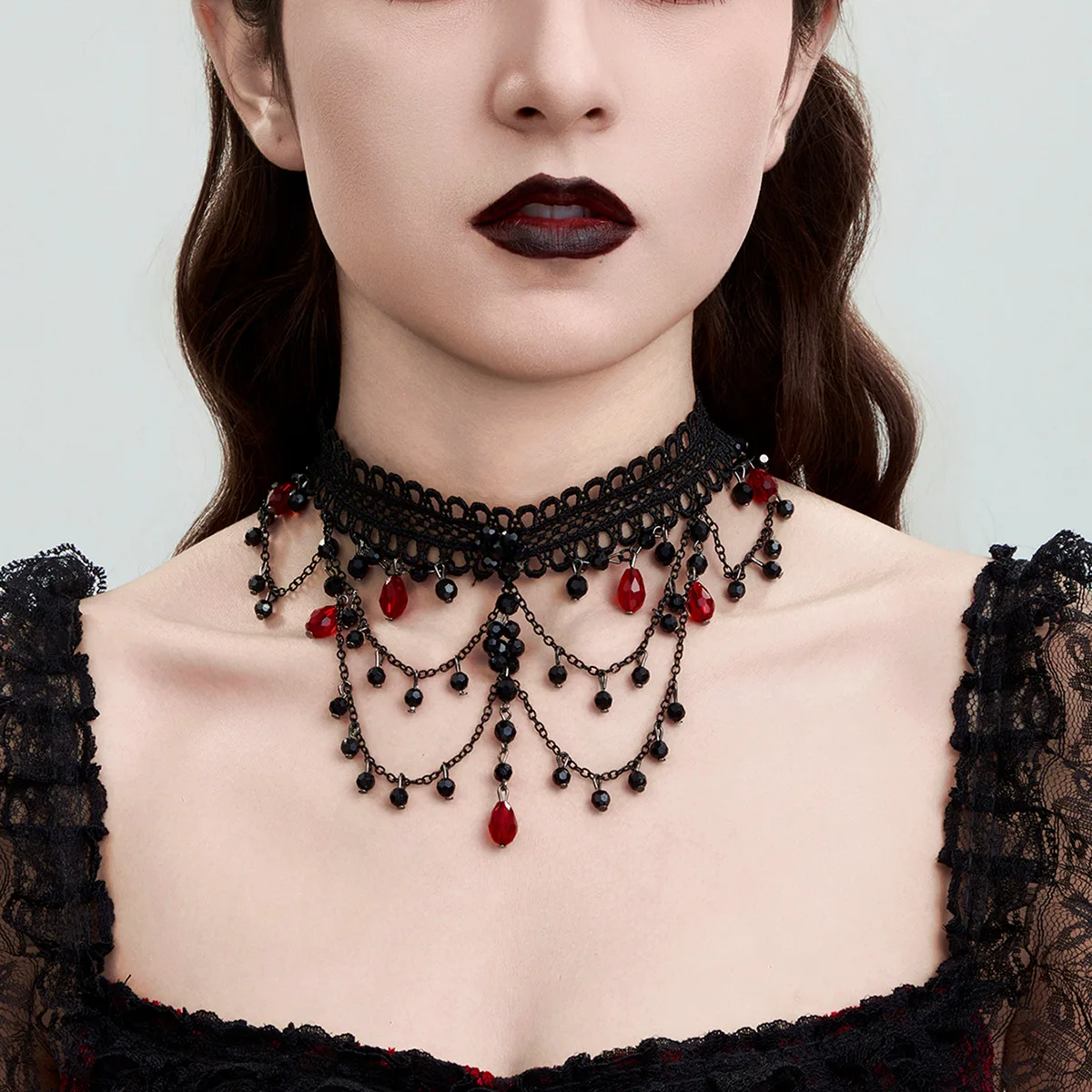 Red Crystal Pendant Layered Beaded Necklace with Lace Detail Gothic Vintage Lightweight Durable Versatile Jewelry for Women
