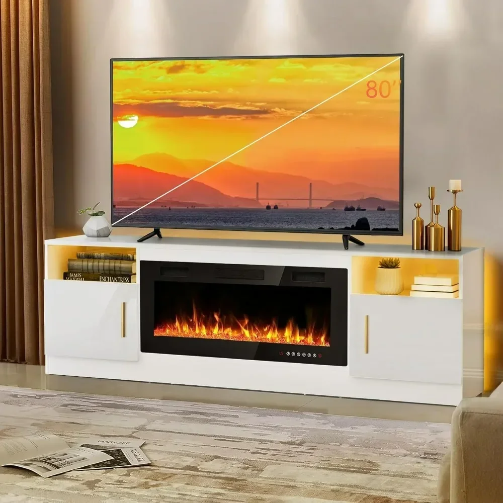 Fireplace Tv Stand, LED Light Entertainment Center and Storage, 70