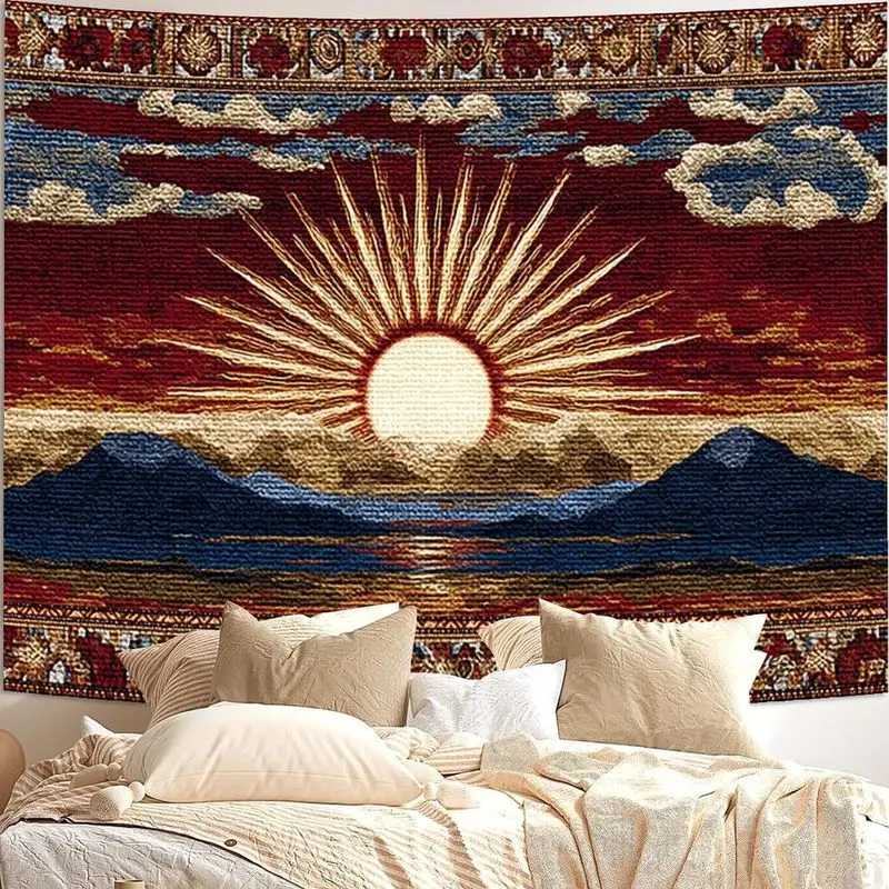 VIKAMA Wall Tapestry Bohemian Vintage Sunrise Mountain Tapestry Medieval Weaving Wind Sun God Printed Room Decoration Print