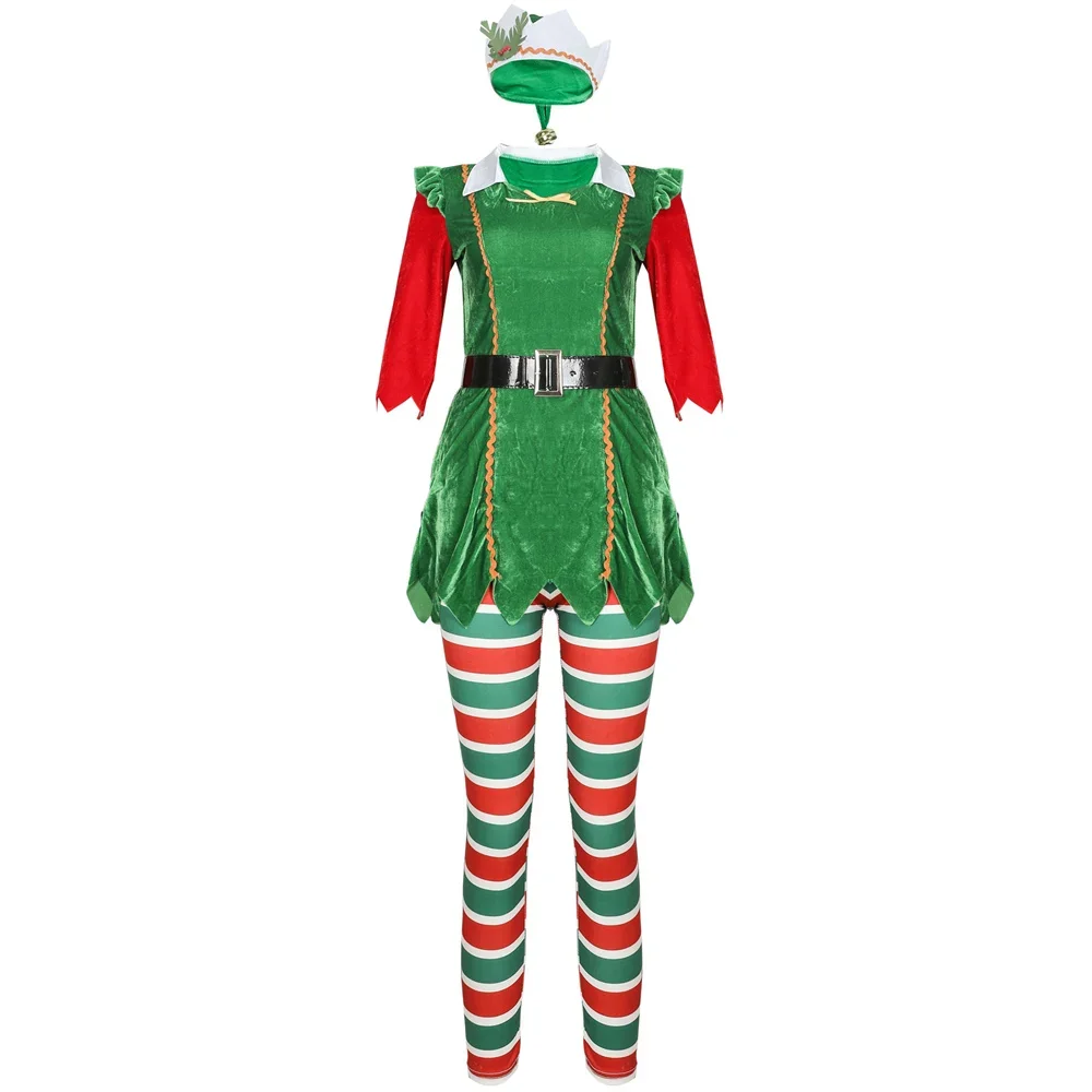 4Pcs Women Christmas Green Elf Cosplay Costume New Year Xmas Party Santa Claus Assistant Fancy Dress Up