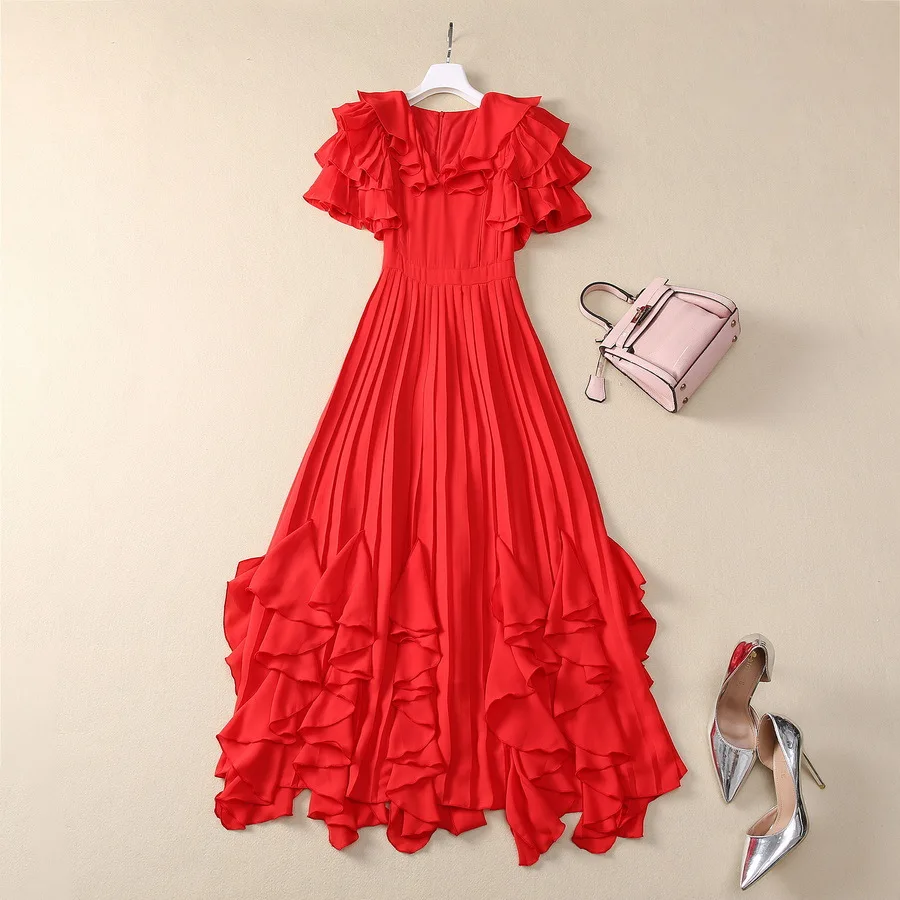 

European and American women's clothing 2025 spring new Short sleeve V-neck red ruffles Fashion pleated dress XXL