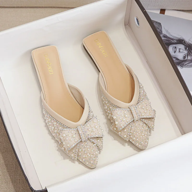 

Luxury Women's Summer Outwear 2024 New Flat Bottom Casual Slippers Water Diamond Lazy Man Baotou Large Size Cool Slippers 43