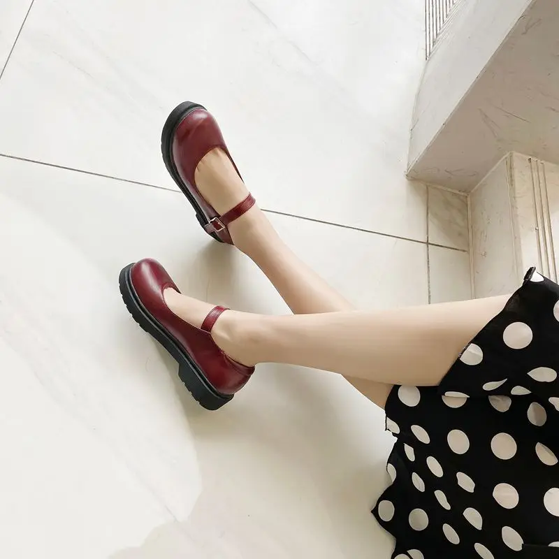 

ORCHA LISA Vintage Women Flats Leisure Daily Mary Janes Shoes for Female Red Black Round Toe Platform Buckle Strap Big Size 43