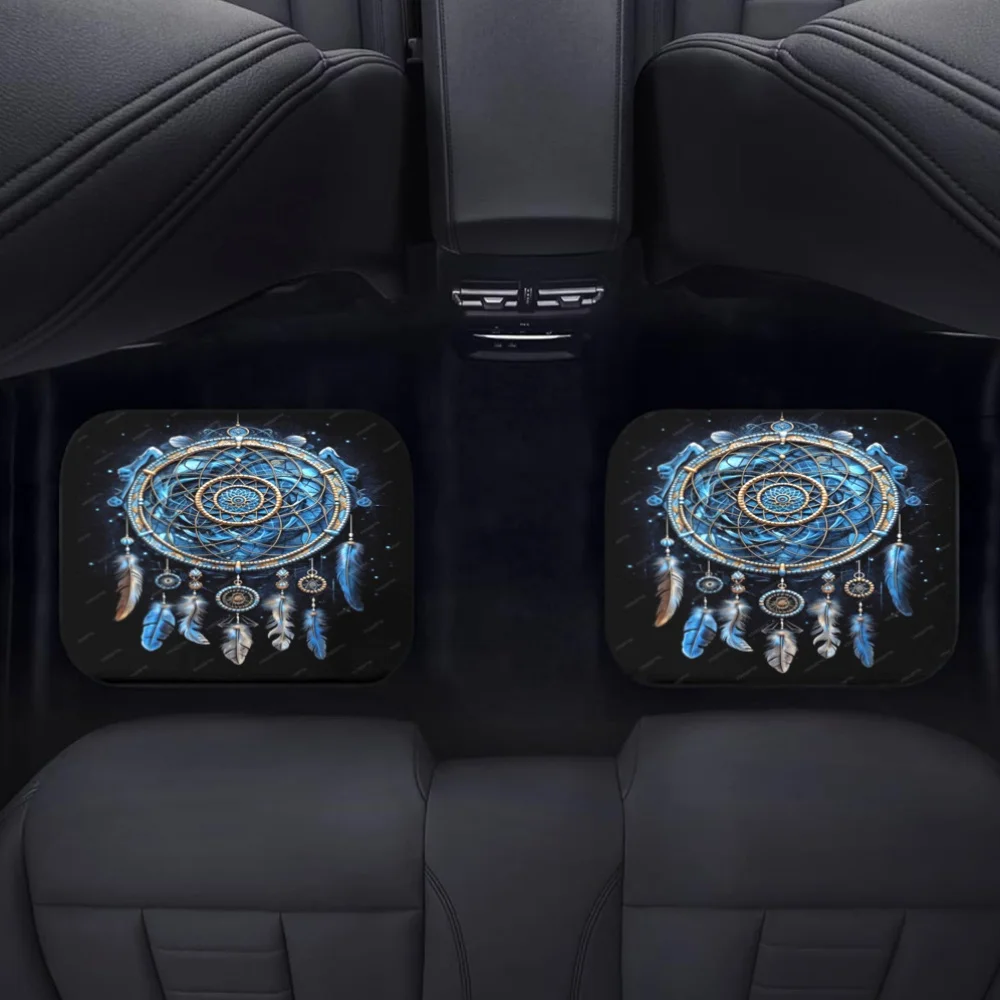 4pcs Blue Dreamcatcher Printed Car Floor Mats - Full Coverage, Soft Polyester Velvet, Fit For Sedans, Vans, SUVs - Stylish Auto