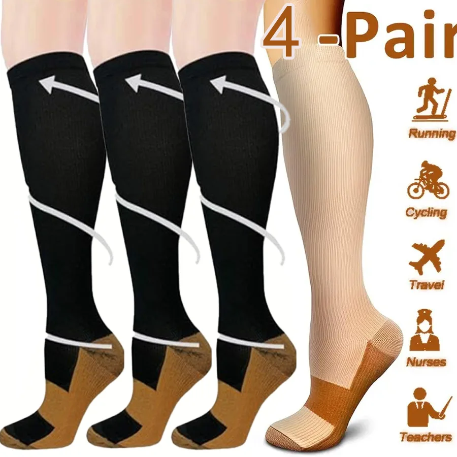 

4 пары медных компрессионных носков для мужчин и женщин для бега, езды на велосипеде, йоги, путешествий длиной до середины икры для медсестер и беременных.