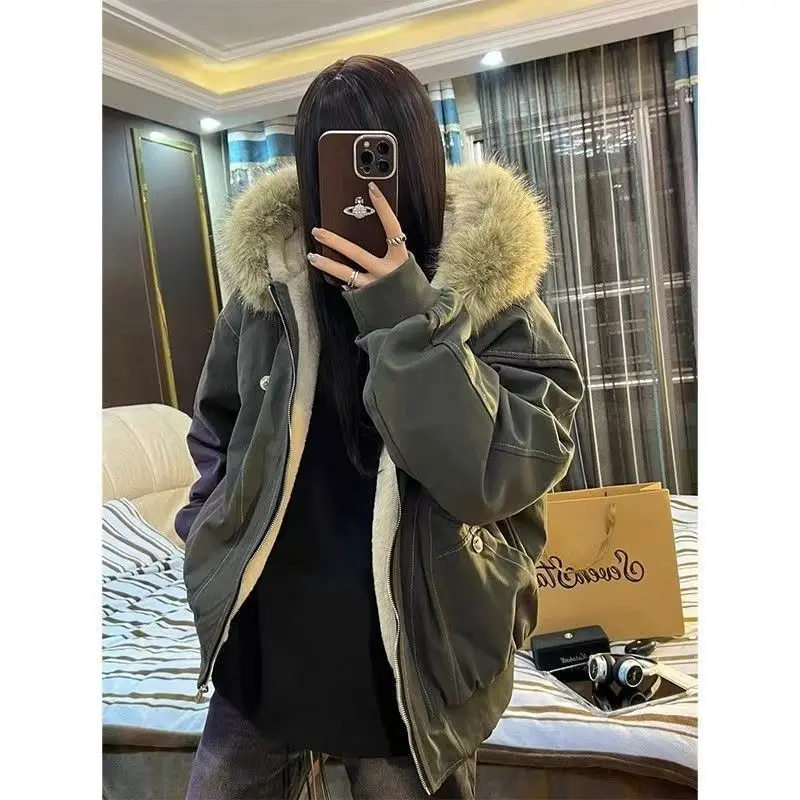 

2025 New Winter Faux Fur Collar Parkas Coat Women Vintage Thicken Fleece Warm Jackets Streetwear Hip Hop Padded Jackets Outwears