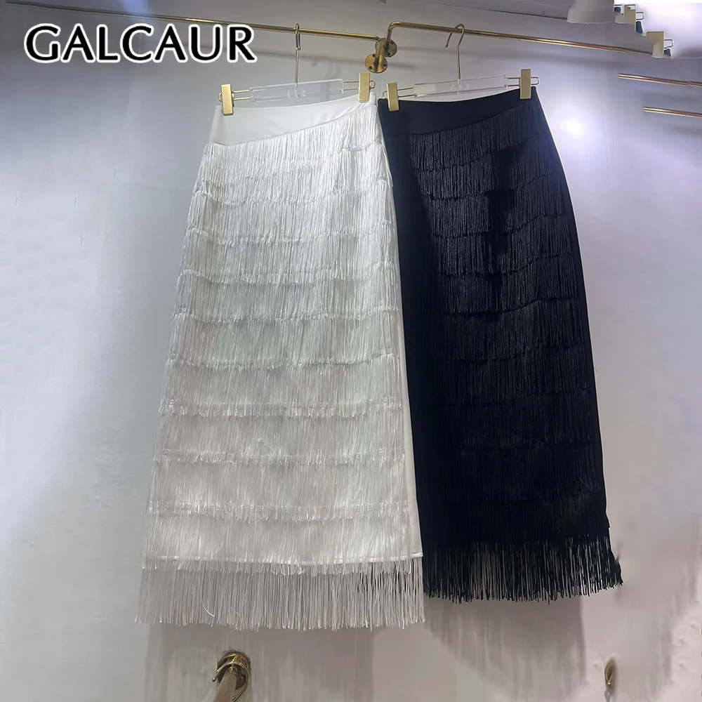 

GALCAUR Solid Spliced Tassel Chic Skirt Female High Waist Loose Minimalist Basics Women's Long Skirts Autumn Fashion New Style