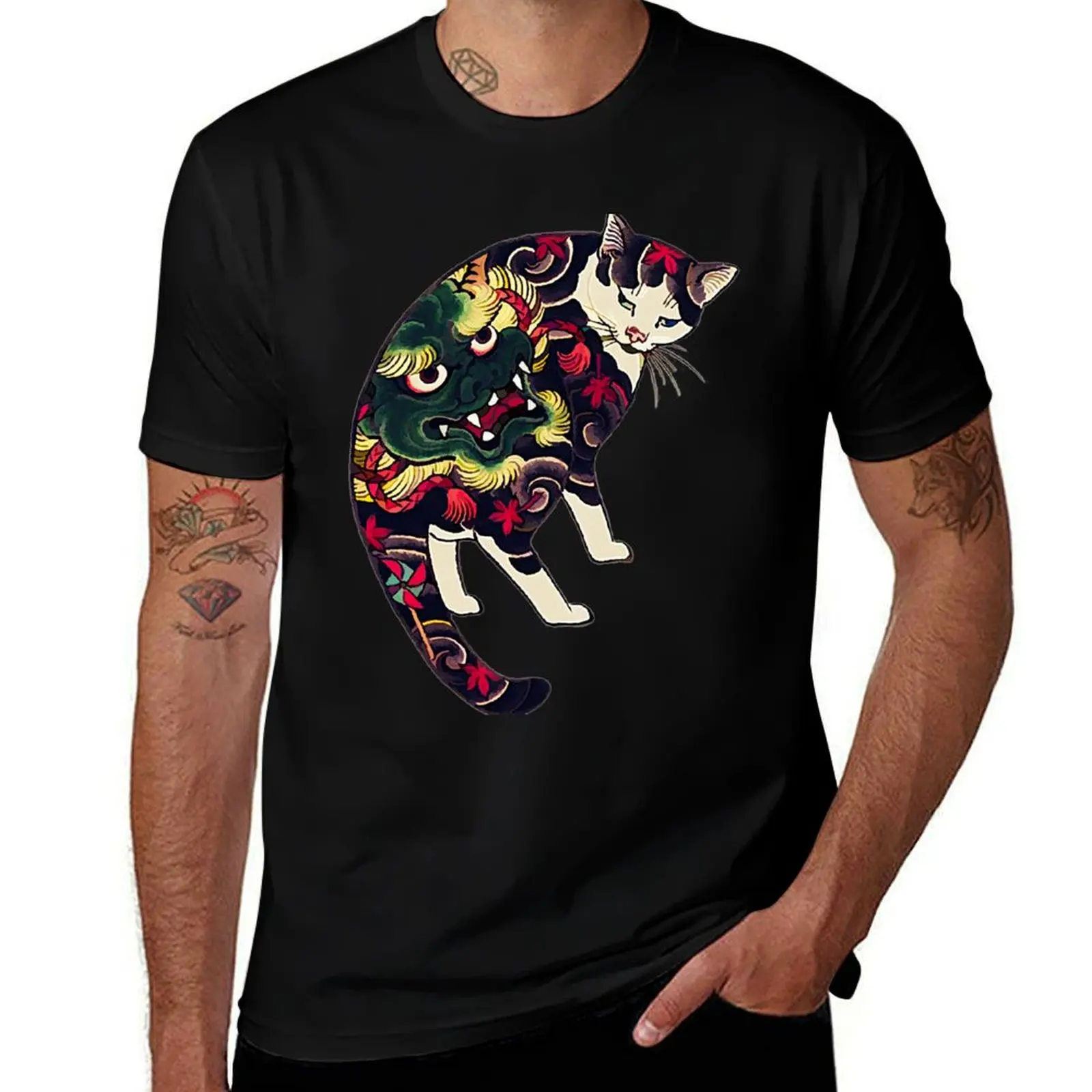 

Antique Japanese Woodblock Print Cat with Flower Tattoos T-Shirt t shirt man plain man t shirts graphic T-shirt