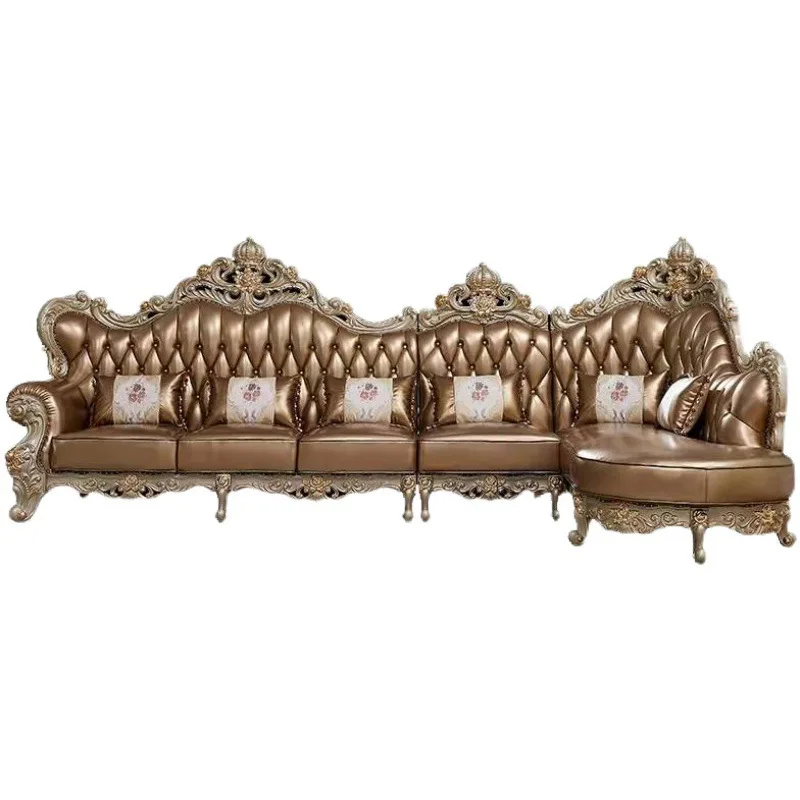 European leather sofa, living room corner gold solid wood carving flower L-shaped sofa