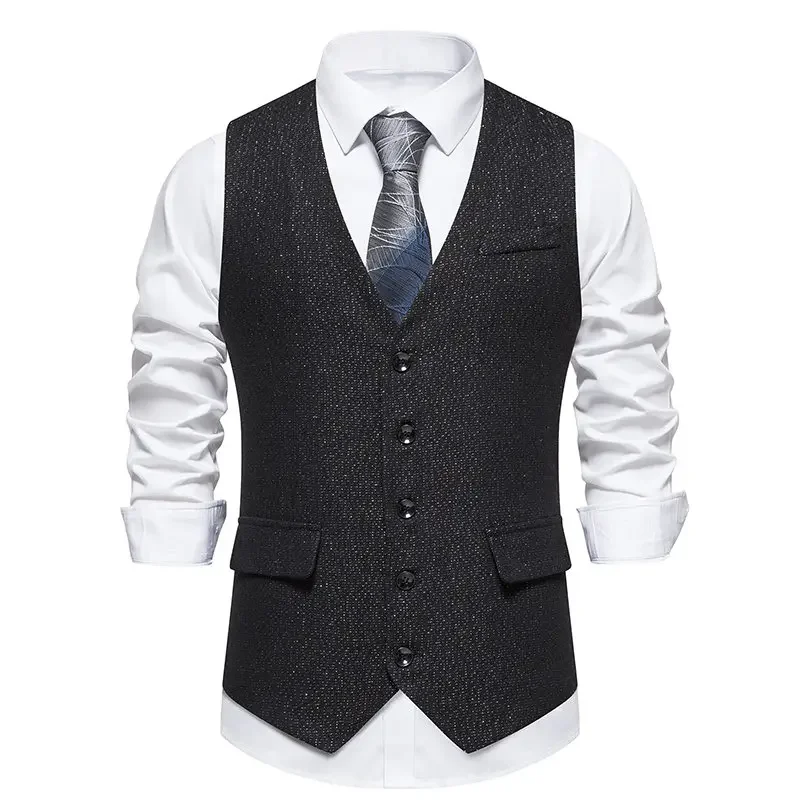 

Men V-neck Vintage Herringbone Tweed Vest Business Formal Suits Jacket Wedding Party Male Waistcoat