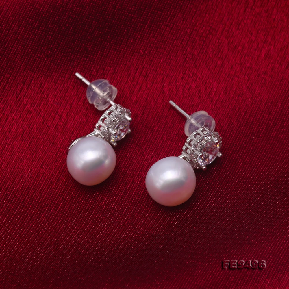 Unique Pearls Jewellery Fine 9mm White Freshwater Pearl Dangle Earrings 925s