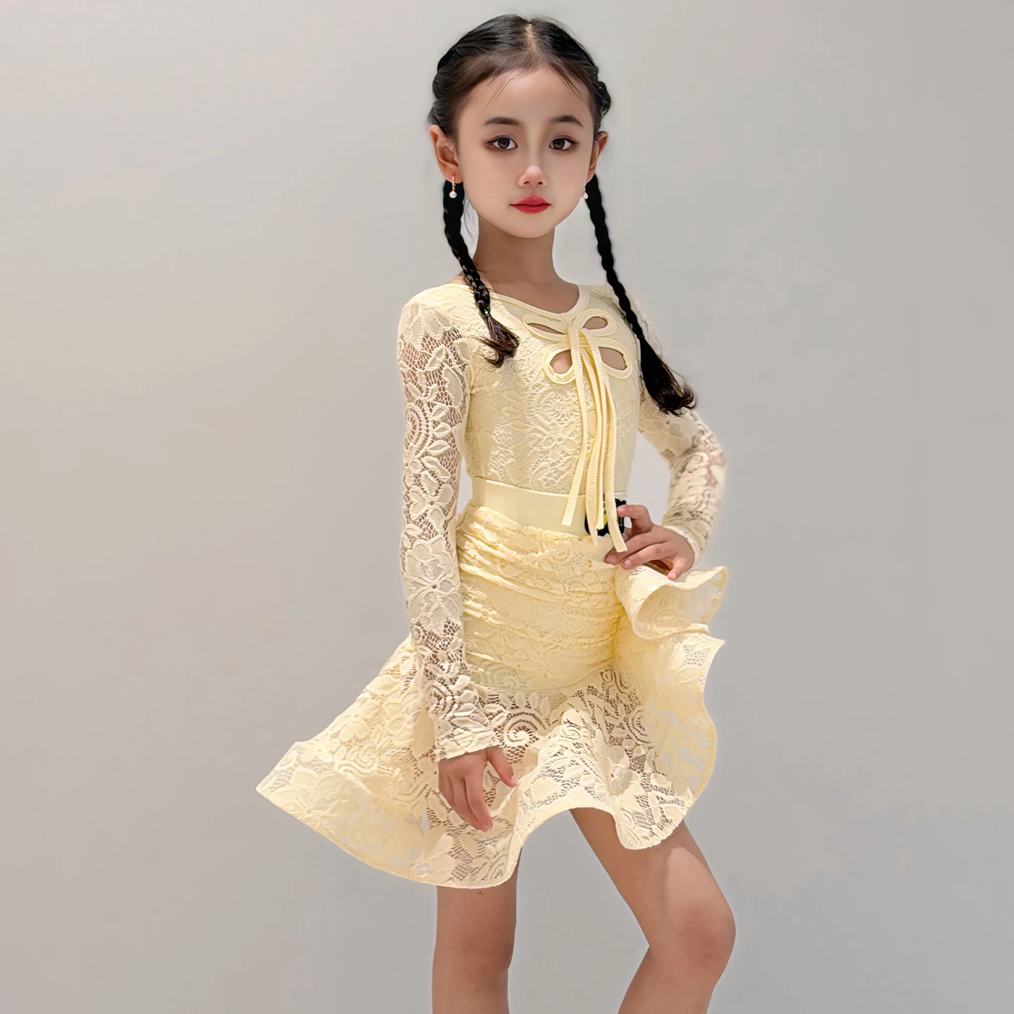 Vêtements de danse pour enfants, concours de danse latine jaune, manches longues, robe de danse de salle de bal, costumes de scène SL14599