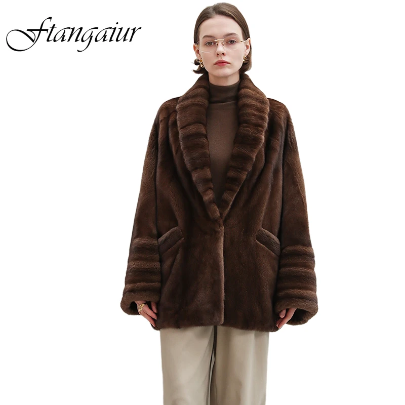 

Ftangaiur Winter Import Purple Label Swan Velvet Mink Fur Coat Turn-Down Collar Mink Coat Women Natural Real Mink Fur Coats