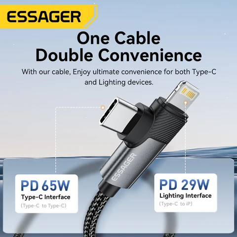 Кабель Essager 2 в 1 USB Type C 65 Вт для быстрой зарядки iPhone, MacBook, Xiaomi — пример использования