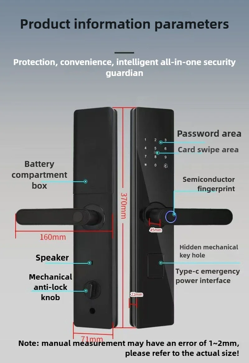 

Полуавтоматический умный замок с функцией распознавания отпечатков пальцев для входной двери дома, 6 способов разблокировки, на китайском и английском языках.