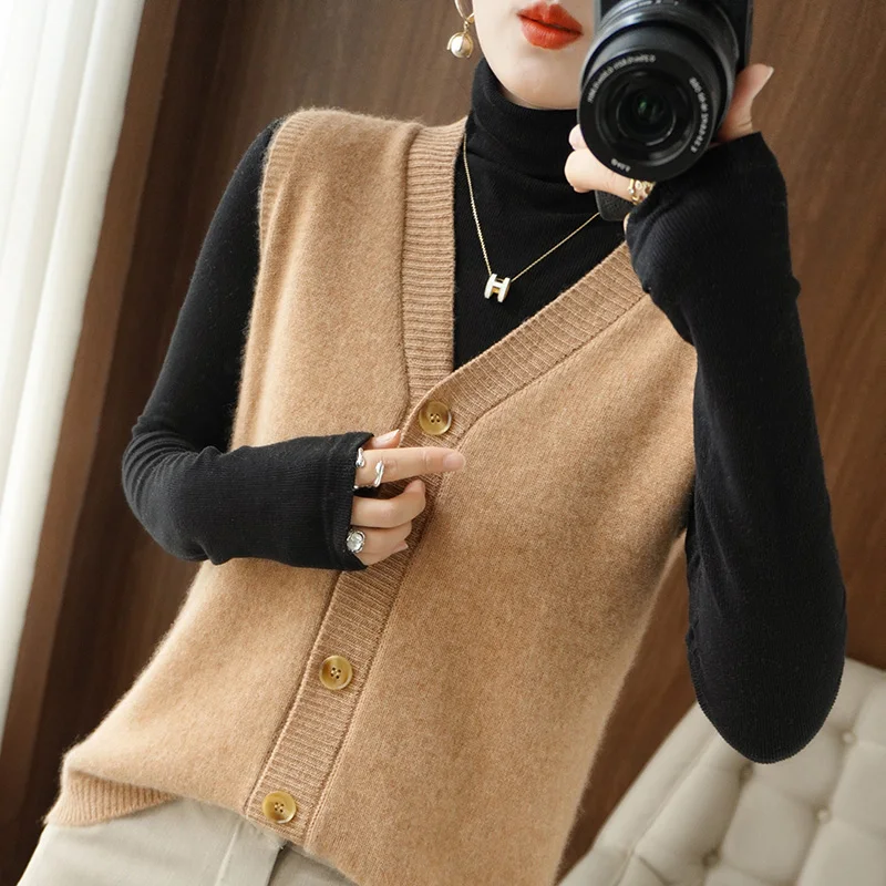 V-Neck Sleeveless Oversized Cashmere Knitted Vest Cardigan Women's Fashion Comfortable Fit Long Sleeve Sweater Autumn Wear