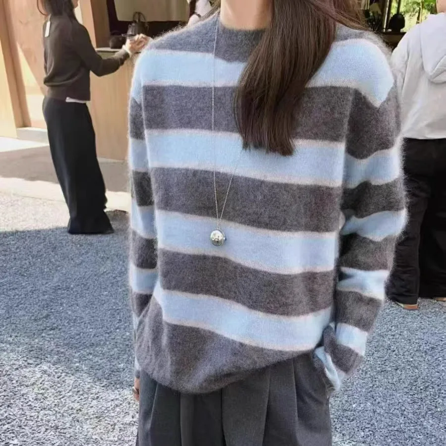 

Simple Loose Women's Knitted Sweater round Ne Wide Stripes Color Blo Autumn Winter Korean Sle Warm Casual Long Sve Top