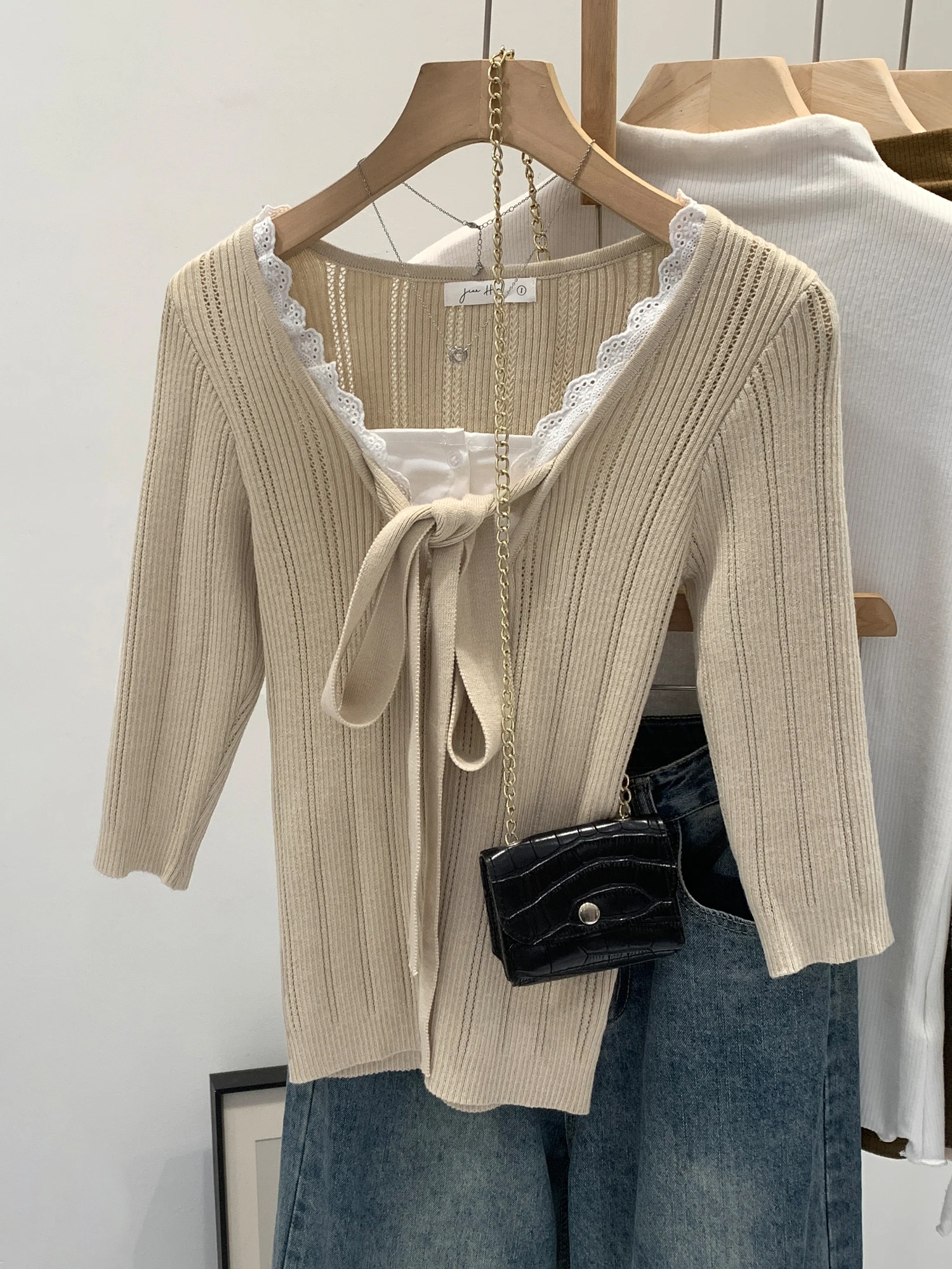 

French Style Lace Trim Knitted Belted Base Shirt Women's Autumn New Inner Wear Sleeveless Top Medium Thick Regular Fit