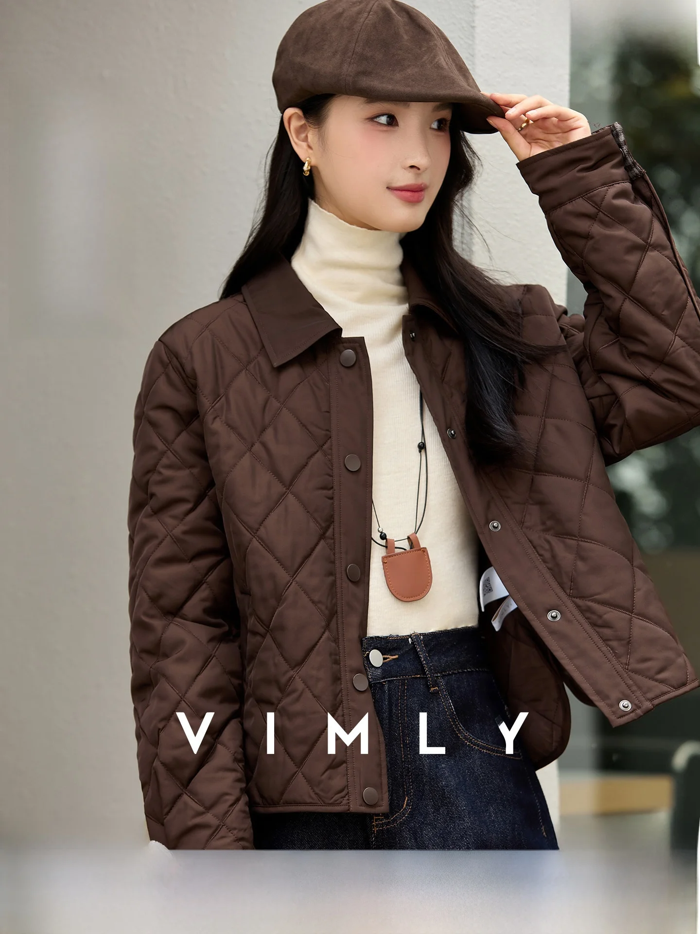 

Retro Collar Diamond Pattern Thiened Cotton Jaet Women's Loose Fitting Winter Outerwear Simple Sle Commute Faion