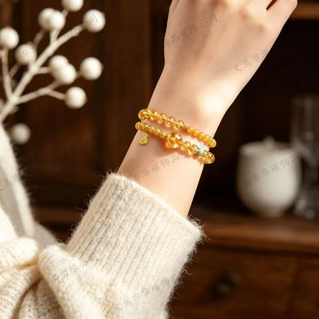 Chinese Style Natural Citrine Tigers Eye Double Layer Handstring Bracelet Lucky Wealth Auspicious Gourd Pendant Gift For Women