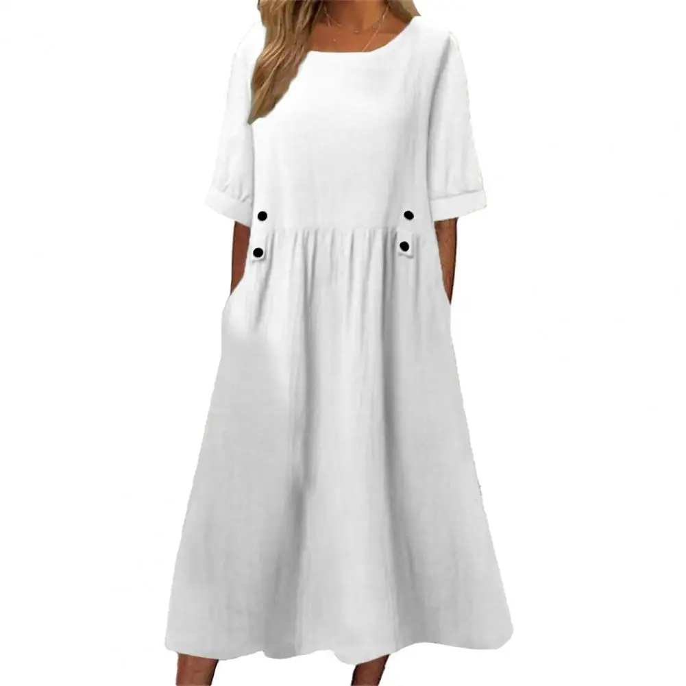 Women Dress Loose Fit Mid Length Double Pockets Button Decoration Round Neck Short Sleeve Boho Style Summer Dress Workwear