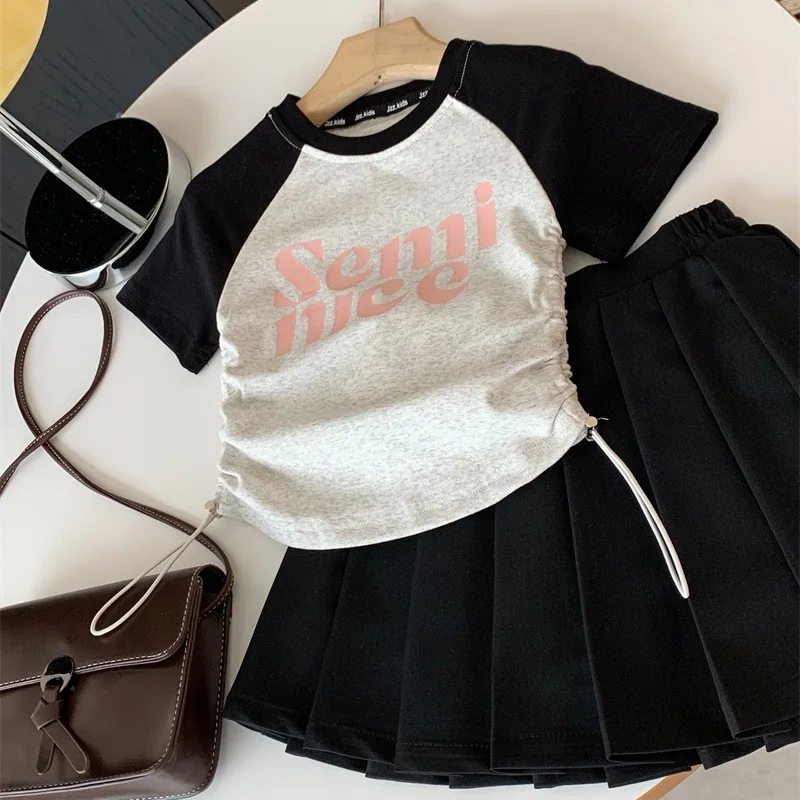 Kids Girls Clothes Sets Short Sleeves Top T-Shirt Pleated Skirt Suits Teens Children Summer Letter Casual Outfits 4-14 Year Old