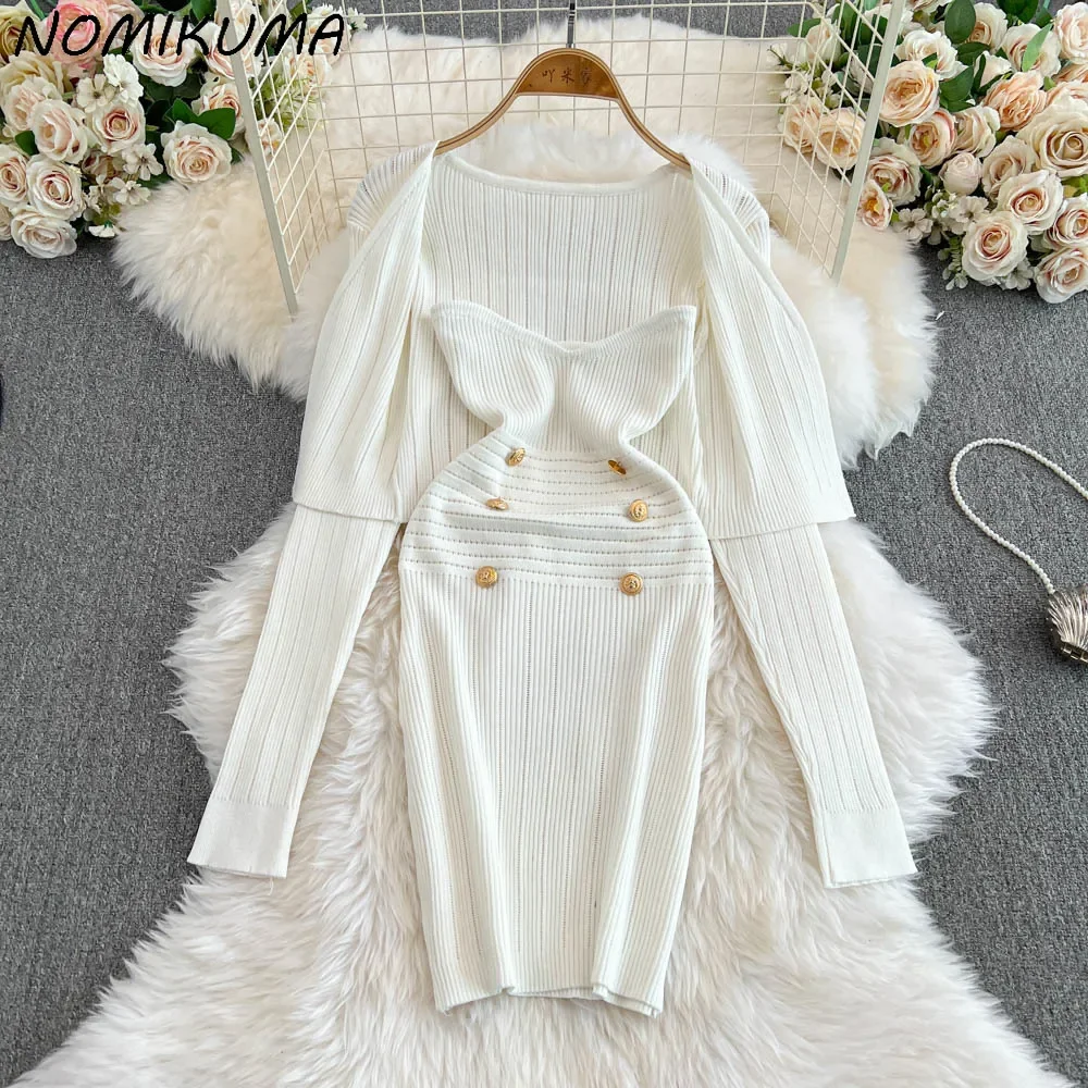 

Nomikuma Spicy Girl Style Slim Fit Sexy Strapless Dress + Stylish Cardigan Coat Korean Style Women Autumn Two-piece Set