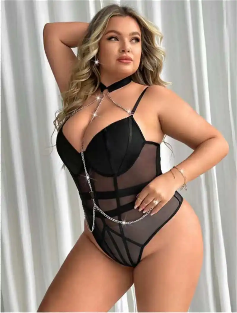 Wholesale Women\'s Pushed Up Plus Size Lingere Underwear Large Lady Mesh Transparent Bodysuit XXL Costumes with Chain