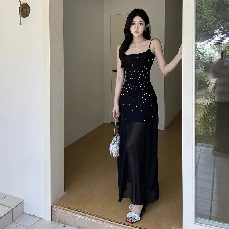 Black Crystal Women Prom Dress Strap Sleeveless Summer Midi Evening Party Gown Sheath Slim Fit Ins Girl Formal Birthday Robe